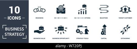 Strategia di Business icon set. Contengono riempito flat business vision, mission aziendale, business di previsione delle condizioni di business, quota di mercato, target Illustrazione Vettoriale