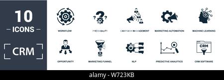 Crm icon set. Contengono piatto riempito di machine learning, automazione marketing, analisi predittiva di probabilità, ombrello, icone di ancoraggio. Formato modificabile Illustrazione Vettoriale