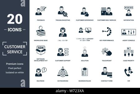 Servizio clienti icon set. Contengono riempito flat console agente, caso priorità, l'esperienza del cliente, il servizio clienti self-service, helpdesk, knowledge base Illustrazione Vettoriale
