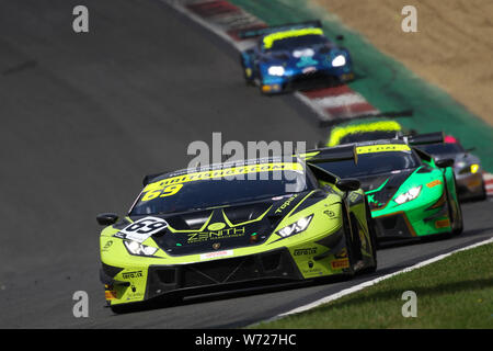 Longfield, Regno Unito. 04 Ago, 2019. Barwell Motorsport Huracan Lamborghini GT3 EVO con driver Sam De Haan* & Jonny Cocker durante il Campionato British GT Brands Hatch a Brands Hatch, Longfield, in Inghilterra il 4 agosto 2019. Foto di Jurek Biegus. Credit: UK Sports Pics Ltd/Alamy Live News Foto Stock