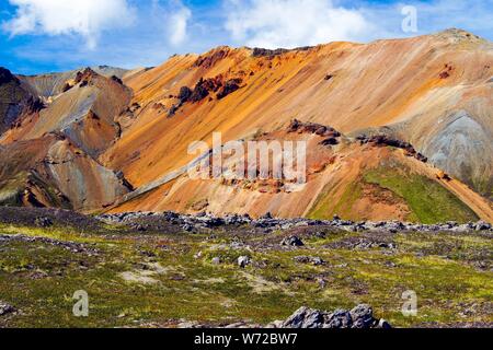 Vista su terreni sassosi piana terrrain sulla colorata di rosso ruggine rossastri marrone isolata resistente della montagna - Landmannalaugar, Islanda Foto Stock