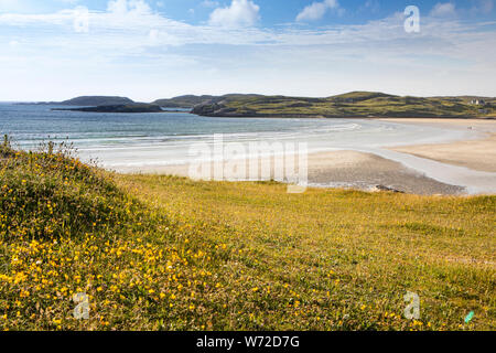 Spiaggia di sabbia con dune erba in Scozia, Isola di Lewis a bassa marea Foto Stock