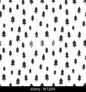 Disegnare a mano albero di Natale Seamless Pattern i colori nero e bianco. Vettore monocromatica semplice sfondo scandinavo. L'inchiostro Doodle texture per il nuovo anno Illustrazione Vettoriale