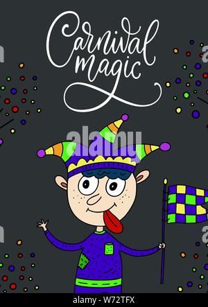 Mardi Gras party illustrazione vettoriale. Carnival magic card con doodle illustrazione e lettering preventivo. Jester ragazzo con una bandiera. Illustrazione Vettoriale