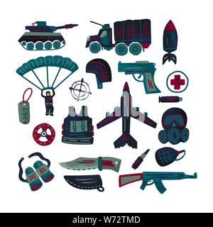 Militare esercito e piatto vettore icona set con serbatoio, paracadute, casco, maschera a gas, aeromobili, binocolo, coltello, pistola, rucola, bullet e altre munizioni. Illustrazione Vettoriale