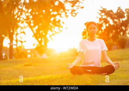 Bella donna asiatica facendo esercizi yoga nel parco con tramonto lens flare effetto. Usato per rilassarsi e un sano concetto Foto Stock