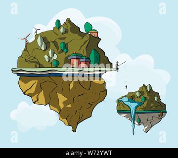 Isola galleggiante, 3d fantasy terra verde paesaggio. Cartoon magic eco illustrazione con colline e case. Illustrazione Vettoriale