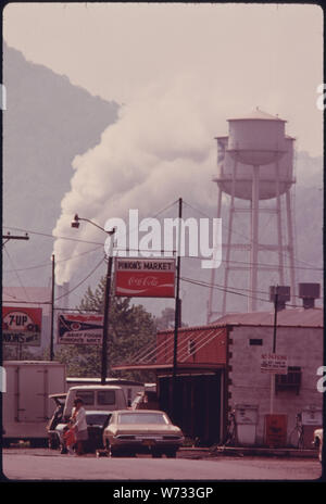 Stazione di servizio e il negozio sul percorso 60, con la Union Carbide Ferro Alloy Plant in background. Vi è stata una riduzione delle emissioni dall'impianto metallurgico poiché è stato fotografato in 1973. Le emissioni sono scesa 97,7 percento dal 1967. Il calo si è verificato dopo l'accordo tra la società e il West Virginia il controllo dell'inquinamento atmosferico LA COMMISSIONE. EPA pila impianto campionati emissioni mentre lo sviluppo nazionale fonte di nuovi standard di prestazioni. (Vedi scheda n. 141 a 146) Foto Stock