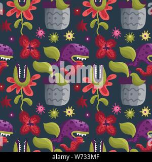 Cartoon carino vector seamless pattern con graziosi colori predator monster fiori in uno stile piatto. Piante carnivore. Illustrazione Vettoriale