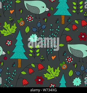 Vettore senza giunture forest pattern con graziosi illustrazioni a colori - molto carino degli uccelli con i frutti di bosco. Illustrazione Vettoriale