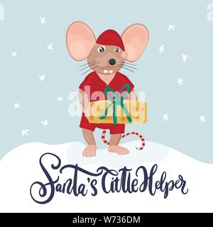 Vettore di Natale mouse. Illustrazione del fumetto. Topi cute con il formaggio e il lettering preventivo. Santas little helper. Illustrazione Vettoriale