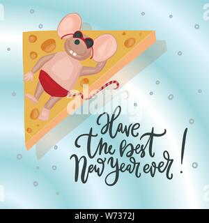 Vettore di Natale mouse. Illustrazione del fumetto. Vettore di Natale mouse. Illustrazione del fumetto. Topi cute con il formaggio e il lettering preventivo. Avere il miglior N Illustrazione Vettoriale