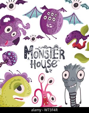 Cartoon carino vettore mostri in un appartamento di stile. Allegra carta di capretto con monster lettering preventivo su uno sfondo bianco. Monster House. Illustrazione Vettoriale
