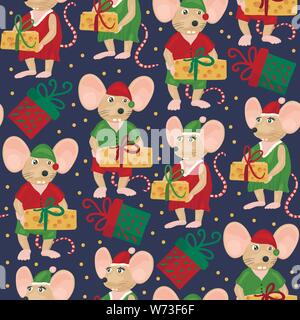 Christmas Mouse vettore modello senza giunture. Fumetto illustrazione di vacanza. Carino felice ratto con formaggio doni. Illustrazione Vettoriale