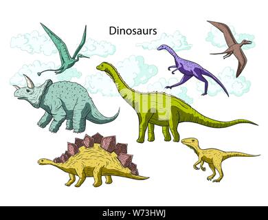 Specie di dinosauri Set. Al giurassico e Cretacico raccolta degli animali. Vettore preistorici dino icon set. Illustrazione Vettoriale