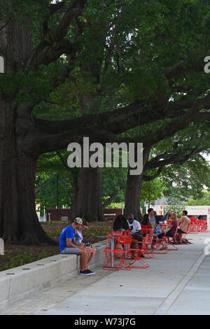 Gli ospiti siedono all'ombra di alberi secolari nel rivitalizzato Moore quadrato (2019) nel centro di Raleigh North Carolina. Foto Stock