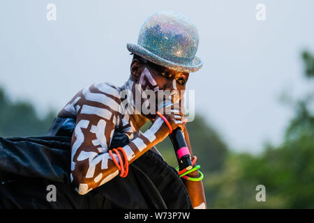 Preston Park, Brighton, Regno Unito. Il 4 agosto 2019. Grace Jones si esibisce in BN1 Lovefest , parte di Brighton orgoglio. Grazia Beverly Jones GU (nato il 19 maggio 1948) è un modello di Jamaican-American, cantante, compositore, produttore record e attrice.. Foto di Julie Edwards./Alamy Live News Foto Stock