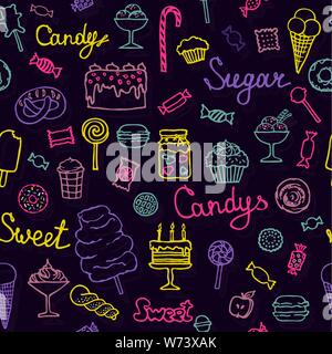 Modello senza giunture di candys, torte, dolci e dessert. Disegnata a mano illustrazioni vettoriali Illustrazione Vettoriale