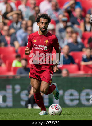 Londra, Regno Unito. 04 Ago, 2019. Mohamed Salah di Liverpool durante la comunità fa scudo match tra Liverpool e Manchester City allo Stadio di Wembley a Londra, Inghilterra il 4 agosto 2019. Foto di Andy Rowland. Credito: prime immagini multimediali/Alamy Live News Foto Stock