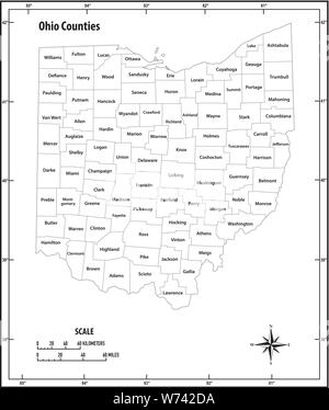 Ohio State delineare politiche ed amministrative mappa vettoriale in bianco e nero Illustrazione Vettoriale