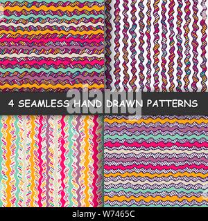 Set di quattro coloratissimi seamless disegnati a mano grafica pattern a strisce. Texture con sfondo striato. Realizzati in vettore Illustrazione Vettoriale