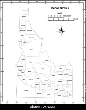 Stato di Idaho delineare politiche ed amministrative mappa vettoriale in bianco e nero Illustrazione Vettoriale