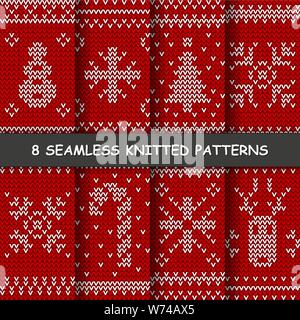 Set con otto seamless pattern d'inverno. Rosso e bianco maglia sfondo in stile scandinavo con i fiocchi di neve, cervi, albero di Natale, pupazzo di neve. Illustrazione Vettoriale