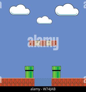 Vecchio gioco dello sfondo. Classico arcade retrò Design con tubo verde e rosso mattone. Pixel Video-Game scenario. Illustrazione Vettoriale