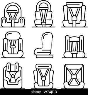 Baby Car seat set di icone di stile di contorno Illustrazione Vettoriale