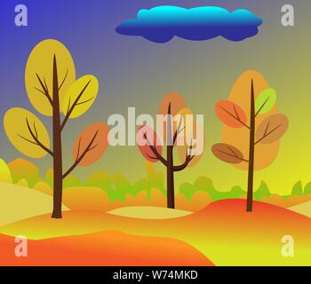 Illustrazione Vettoriale di beautiful Golden Autumn Landscape sul rosso Giallo Autunno colori sfondo in moderno stile elegante con alberi d'autunno in fores Illustrazione Vettoriale