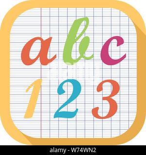 Icona di una scuola nella pagina del notebook con le lettere e i numeri scritti su di esso: 'abc123' Illustrazione Vettoriale