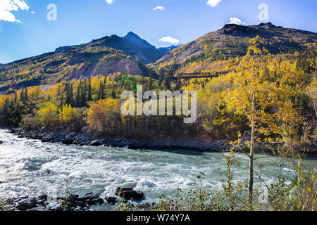 Treno Tressle lungo l'autostrada a Denali, Alaska Foto Stock