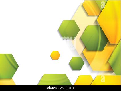 Abstract luminose tech geometrico con sfondo arancione e verde esagoni. Vector Graphic design Illustrazione Vettoriale