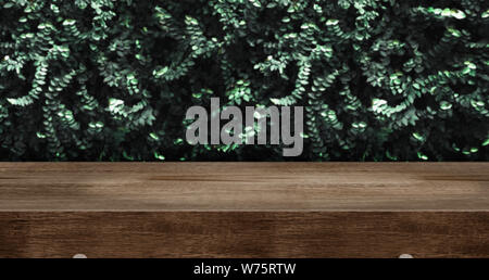 Tavolo in legno con foglia verde parete di sfondo per studio.di legno marrone scuro e il ripiano del bancone per il display del prodotto contenuto di design.vista panoramica banner per pubblicizzare produ Foto Stock