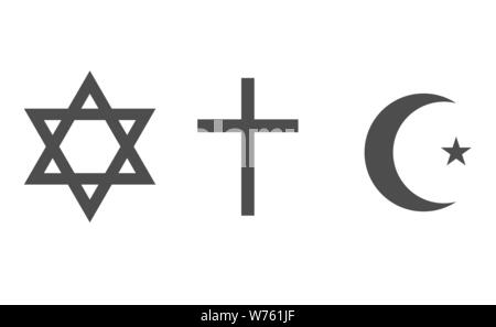 L'Islam, il cristianesimo e il giudaismo simboli. Croce, stella di Davide e la luna con simboli a stella Illustrazione Vettoriale