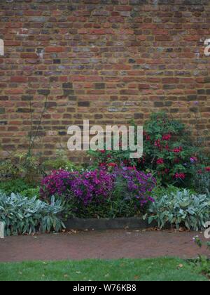 Immagine ritratto della parete del giardino con aiuola e percorso in primo piano Foto Stock