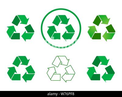Segno di riciclo impostato su sfondo bianco. Verdi diversi icona di riciclo raccolta. 6 varianti di colore verde simbolo di riciclaggio con colori gradiente,,contorno Illustrazione Vettoriale