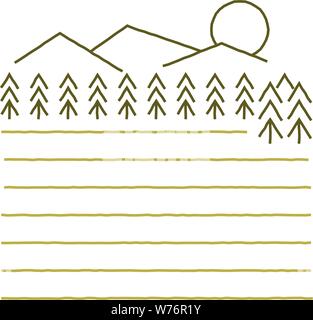 Piano terra della prateria sotto gli alberi e le montagne. Semplice linea ruvida. Illustrazione Vettoriale
