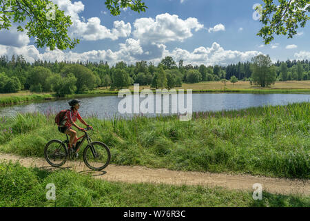 Bella donna senior, equitazione il suo electric mountain bike lungo il lago Weiherwiesen, un biotopo sul Giura Svevo nei pressi di Heubach, Baden-Wuerttemberg, Germa Foto Stock