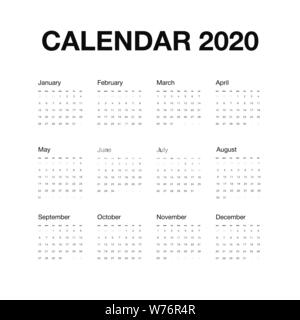 Scrivania minimalista calendario 2020 anno. Progettazione di calendario con il nome inglese di mesi e il giorno della settimana. Illustrazione di vettore isolato su bianco backgroun Illustrazione Vettoriale