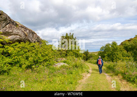 Escursionista sull isola di Skrova, nell'arcipelago delle Lofoten, Nordland, Norvegia, in Scandinavia. Foto Stock