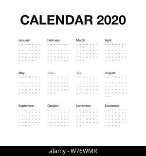Scrivania minimalista calendario 2020 anno. Il design del calendario con il nome inglese di mesi e il giorno della settimana. Illustrazione di vettore isolato su sfondo bianco Illustrazione Vettoriale