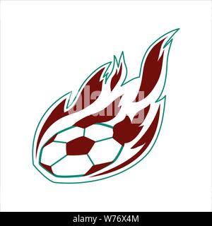 Flaming soccer ball emblema forma wharped streaming attraverso l'aria con linea verde e rosso fuoco Illustrazione Vettoriale