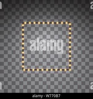 Splendente d'oro vettore led telai quadrati, illuminazione al neon su sfondo trasparente. Incandescente decorativi nastri quadrato del diodo ecologico luce di lampade Illustrazione Vettoriale