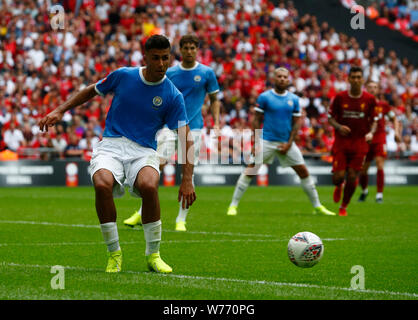 Londra, Regno Unito. 04 Ago, 2019. Londra, Inghilterra. Agosto 04: Manchester City's Rodrigo durante la comunità fa scudo tra Liverpool e Manchester City a Wembley Stadium il 04 agosto 2019 a Londra, Inghilterra. Credit: Azione Foto Sport/Alamy Live News Foto Stock