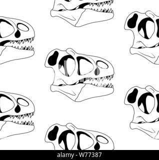 Vector seamless pattern del nero tyrannosaur grafica teschio su sfondo bianco Illustrazione Vettoriale