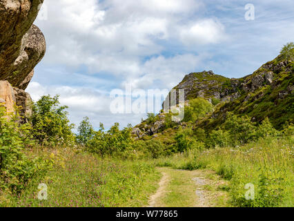 Sentiero panoramico sulla isola di Skrova, nell'arcipelago delle Lofoten, Nordland, Norvegia, in Scandinavia. Foto Stock