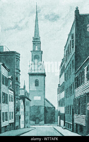 Nord vecchia chiesa di legno a Boston dove il 18 aprile 1775 il fabbro Paul Revere amici (sexton / custode, Robert Newman e vestryman capitano John tirando Jr lanterne accese per avvisare delle forze britanniche movimenti.una lanterna accesa significava la Gran Bretagna avrebbe marzo oltre il collo di Boston pista, due intende il britannico avrebbe prendete una scorciatoia da imbarcazioni a remi sul fiume Charles e a Cambridge. Revere era un rito scozzese massone che è stato il primo americano a rullo con successo il rame in fogli per la guaina di navi militari. Foto Stock