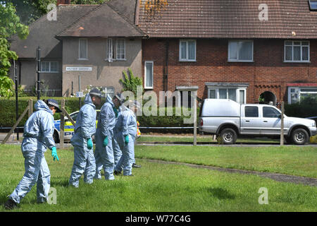 Gli ufficiali di polizia ricerca Waltheof Giardini in Tottenham, nord di Londra dopo un 89-anno-vecchia donna è stato trovato ucciso nella sua casa (dietro). Foto Stock