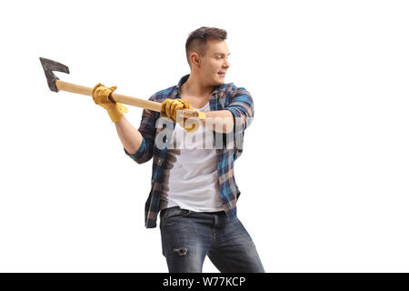Uomo informale con un'ascia isolati su sfondo bianco Foto Stock